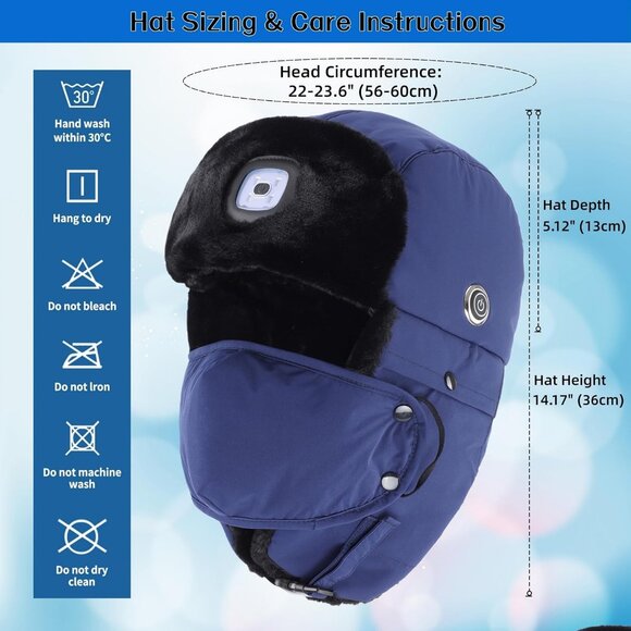 Men Navy Blue Heated Trapper Hat Faux Fur Ushanka with Rechargeable LED Light - Picture 7 of 7